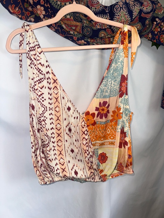 Free People Tops - Free People Cream and Orange Floral Patchwork Crop Top